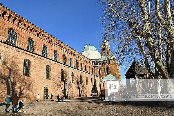 Speyer  Germany  January 2020: Side of famous landmark roman catholic Speyer Cathedral  a major monument of Romanesque art in the German Empire  Europe