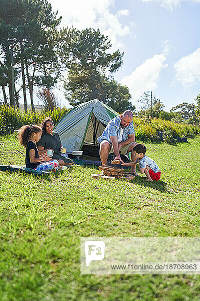 Happy family camping  stacking firewood outside tent in sunny grass