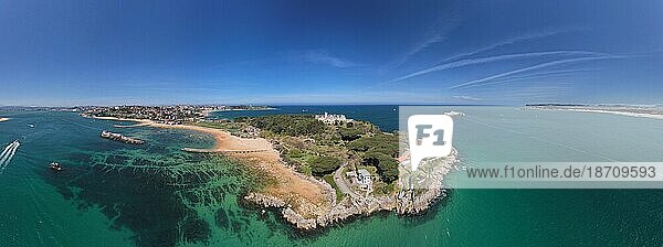 Aerial panoramic view of the Magdalena Peninsula  a 69-acre peninsula near the entrance to the Bay of Santander in the city of Santander  Cantabria  north coast  Spain  Europe