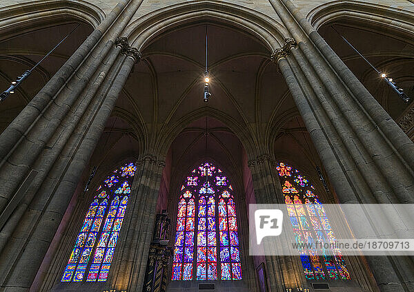 Low angle view of stained glass windows at St. Vitus Cathedral  UNESCO World Heritage Site  Prague  Bohemia  Czech Republic (Czechia)  Europe