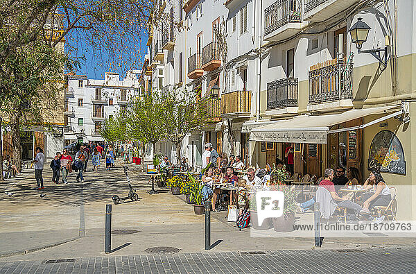 View of cafes and restaurants in Dalt Vila  UNESCO World Heritage Site  Ibiza Town  Eivissa  Balearic Islands  Spain  Mediterranean  Europe