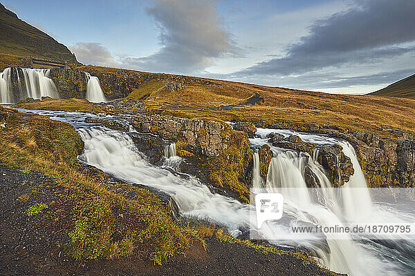 Kirkjufellsfoss Falls  near the port of Grundarfjordur  Snaefellsnes peninsula  western Iceland  Polar Regions