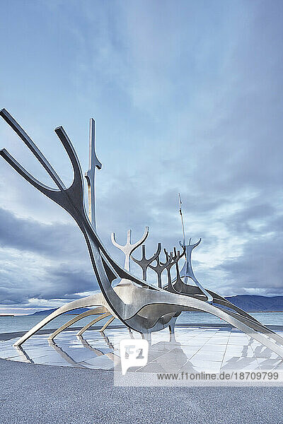 An evening view of the Suncraft sculpture  on the seafront at Reykjavik  capital city of Iceland  Polar Regions