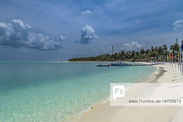 White sand beach with many flags  Bangaram island  Lakshadweep archipelago  Union territory of India  Indian Ocean  Asia