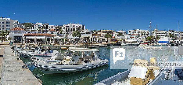 View of boats and restaurants in Marina Santa Eulalia  Santa Eularia des Riu  Ibiza  Balearic Islands  Spain  Mediterranean  Europe