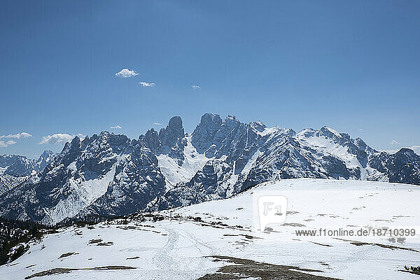 Monte Cristallo mountain covered by pristine snow  Dolomites  Belluno  Veneto  Italy  Europe