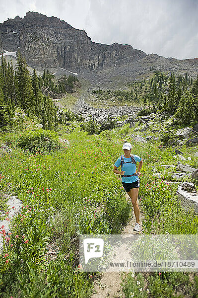 Woman trail running in mountains  Alta  Utah.