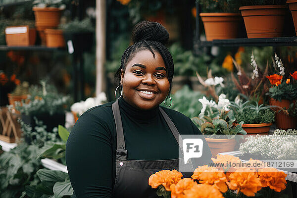 Portrait of happy african florist at flower shop. Generative AI.