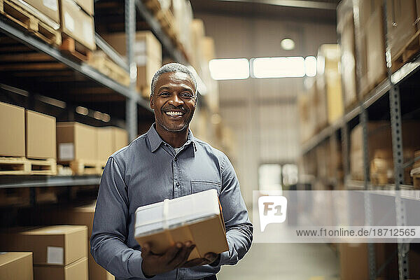 Smiling black worker with box in warehouse. Generative IA
