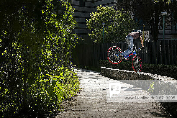 a man with a bike standing on the front wheel of his bike over small wall during a riding session in Mexico City  DF Mexico.