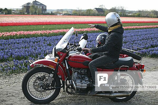 A couple of friends exploring the Dutch countryside go look at tulips
