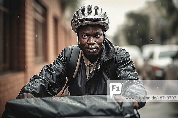 Young black man in helmet riding bike. GENERATIVE IA