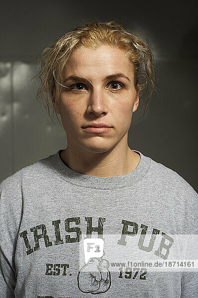 Portrait of female boxer before fight  Toronto  Ontario.