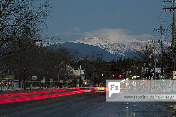 Mt. Washington as seen from the bustling town of North Conway  New Hampshire.