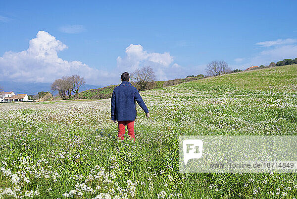 Back view of man standing on a meadow