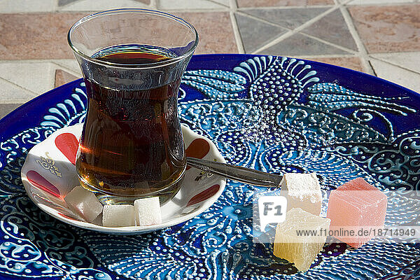 A glass of Turkish Tea and Turkish Delight or Loukoum. Istanbul  Turke