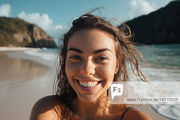 Smiling young girl in the water at the beach. AI Generative