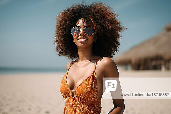Smiling Afro woman with sunglasses posing on the beach. AI Generative