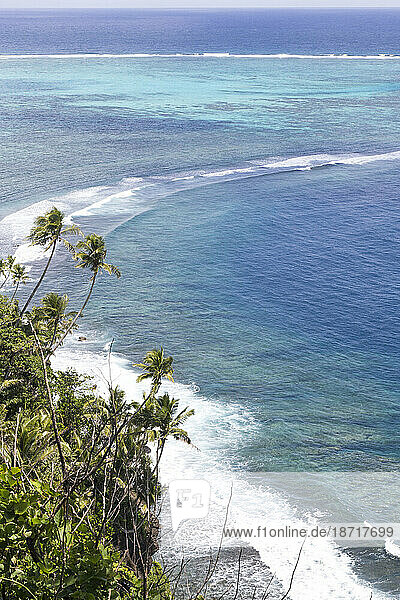 Aerial view of waves breaking on reef and tropical palm trees  Samoa