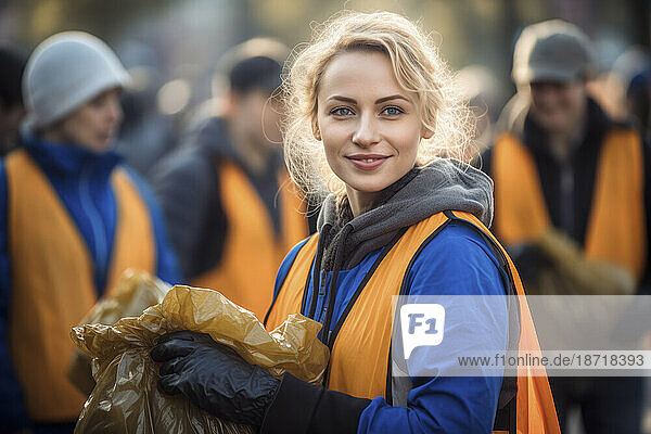 Volunteer girl cleaning forests with a garbage bag  looking at camera.