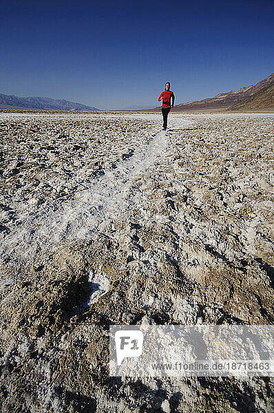 Trail running at Badwater Basin. Death Valley National Park. California  USA