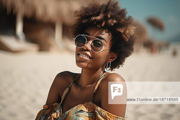 Smiling Afro woman with sunglasses posing on the beach. AI Generative