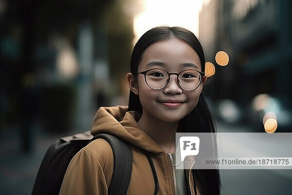 Asian elementary schoolgirl smiling  back to school. Generative AI.