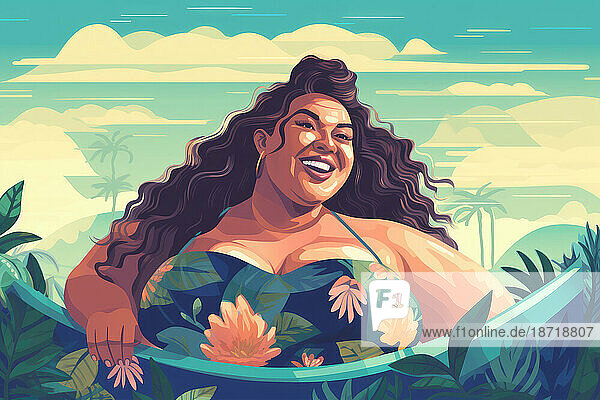 Happy african plus size woman swimwear  summer. Generative AI.