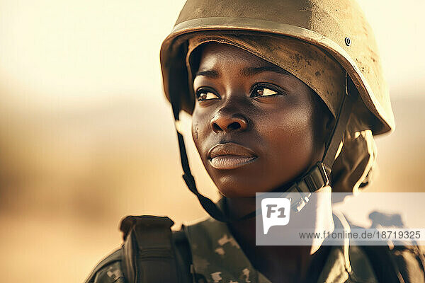 African female soldier at the battlefield. Generative AI.