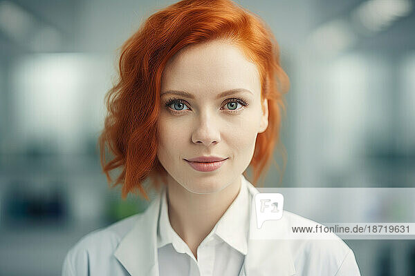 Young redhead female scientific in laboratory. Generative AI.