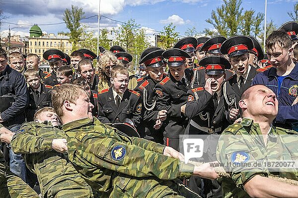 Group Of A Russian Cadets Competing In A Game Of Tug-of-war