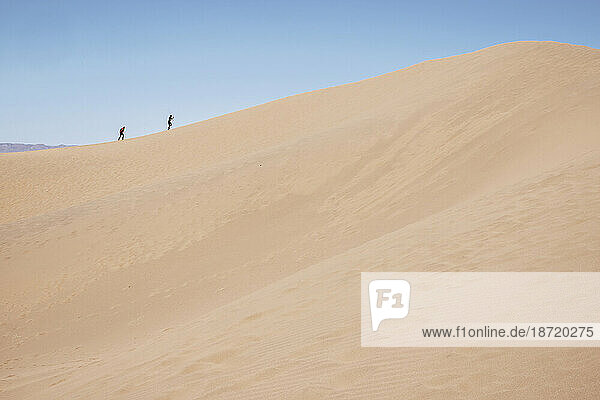 Two tourists hike to the top of a sand dune in the desert in Morocco