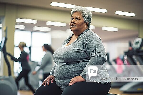 Fat elder woman exercising in gym. Generative AI