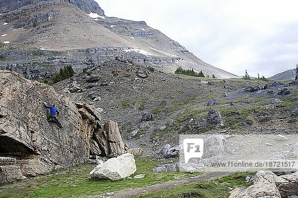 A man climbing on a boulder in Banff NP