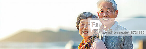 Asian senior couple enjoy their retirement at beach. Generative AI.