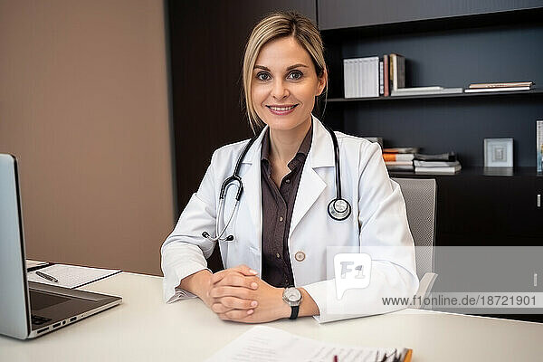 Portrait of female caucasian doctor at her desk. Generative AI.