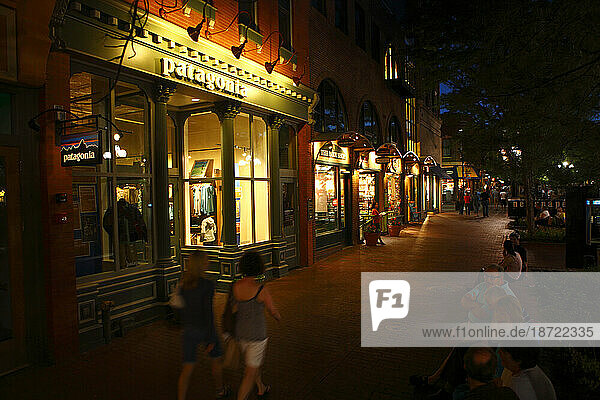 Pearl Street mall at night in downtown Boulder  CO.