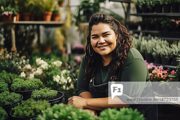 Portrait of happy latin florist at flower shop. Generative AI.