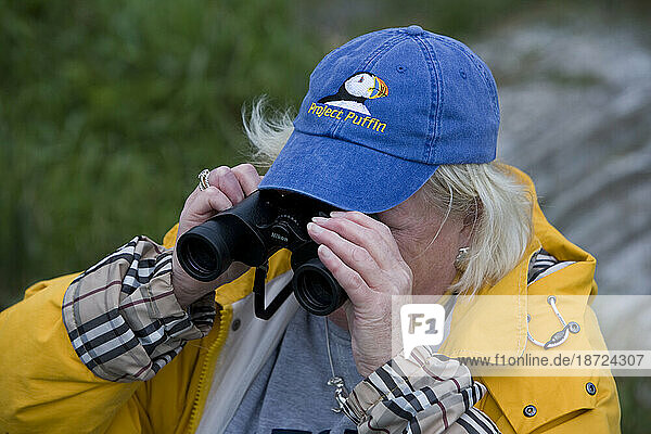 A visitor scopes out the thousands of shorebirds at the Project Puffin site on Eastern Egg Rock Island  Maine.