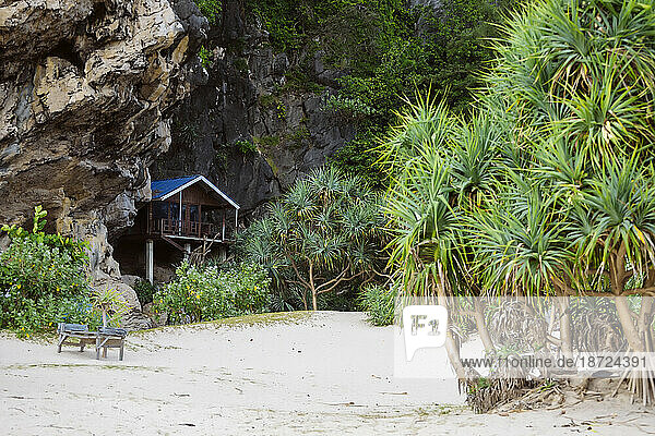 Bungalow near cliff on beach with palm trees  Banda Aceh  Sumatra  Indonesia