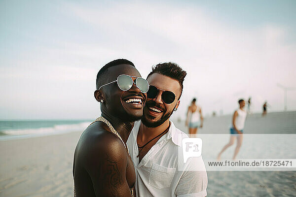 Smiling homosexual multiethnic couple on the beach. AI Generative