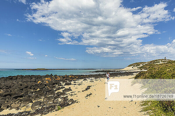 Australia  Victoria  Port Fairy  Female tourist hiking along rocky beach in Port Fairy Coastline Protection Reserve