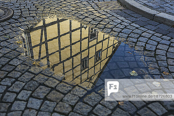 Germany  Saxony-Anhalt  Wernigerode  Half-timbered house reflecting in street puddle
