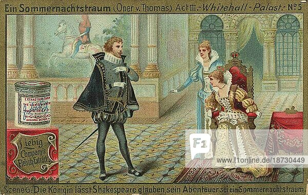 Die Königin lässt Shakespeare glauben  sein Abenteuer sei ein Sommernachtstraum  digital restaurierte Reproduktion eines gemeinfreien Sammelbildes von ca 1900  Liebig Bilderserie Ein Sommernachtstraum  Oper  (1893)