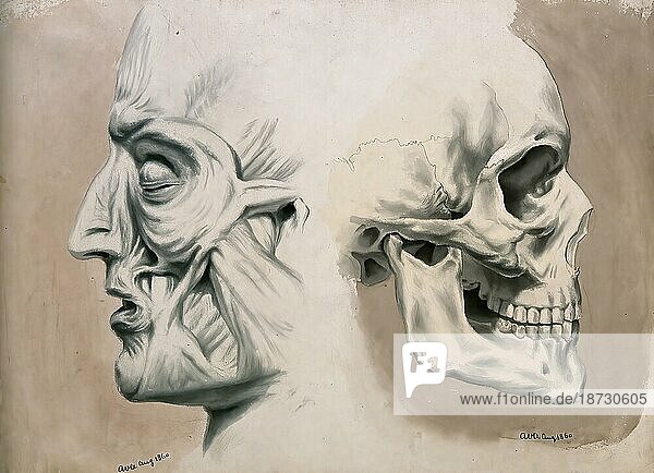 (links) mit Muskeln und Sehnen  (rechts) Schädelknochen  Historisch  digital restaurierte Reproduktion von einer Vorlage aus dem 19. Jahrhundert  Medizin  Anatomie  Zwei Figuren des menschlichen Kopfes im Profil