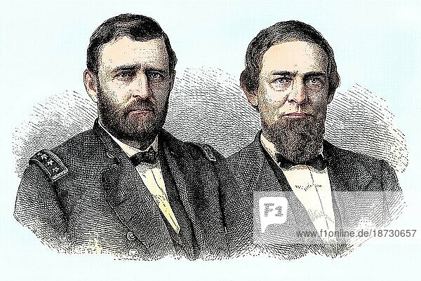 US  Präsident Ulysses Simpson Grant und Vizepräsident Schuyler Colfax  historischer Stich  circa. 1870  Historisch  digital restaurierte Reproduktion von einer Vorlage aus dem 19. Jahrhundert  koloriert  genaues Datum unbekannt