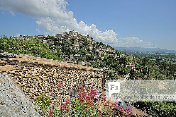 Blick auf Stadtbild vom Bergdorf Gordes  Ausblick  Haus  Blumen  Luberon  Vaucluse  Provence  Frankreich  Europa