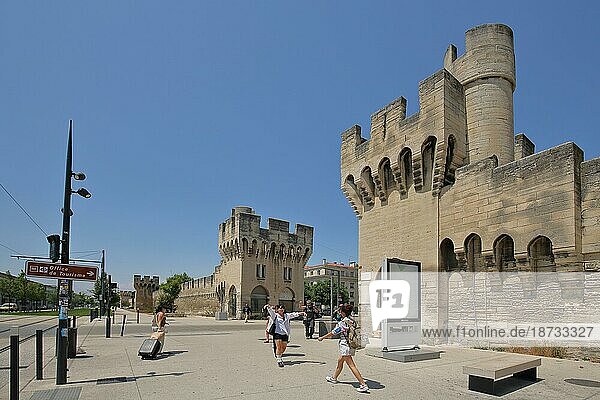 Historische Stadtmauer mit Wehrturm und Fußgänger  Remparts  Türme  Stadtbefestigung  Avignon  Vaucluse  Provence  Frankreich  Europa