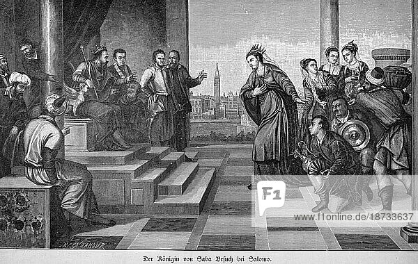 The Queen of Sheba Visit to Solomon  First Book of Kings  Chapter 5  Verses 1-5  Old Testament  Bible  Jerusalem  Gold  Gems  Groups  Interior  Legation  Throne  Steps  Bowing  Gifts  Arabia  Historical illustration 1890