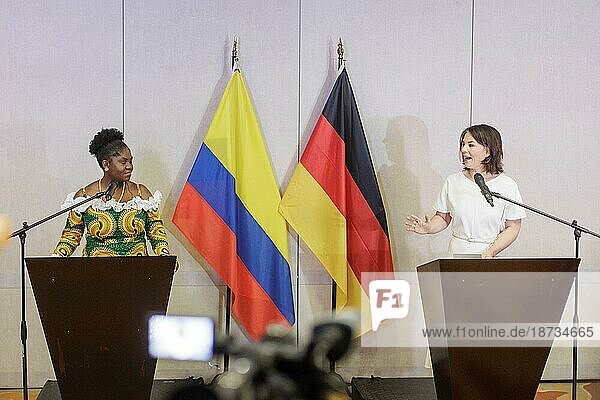 Annalena Bärbock (Bündnis 90 Die Grünen)  Federal Minister for Foreign Affairs  and Francia Marquez  Vice-President of the Republic of Colombia  photographed during a joint meeting with the press in Cali  08 June 2023.  Cali  Colombia  South America
